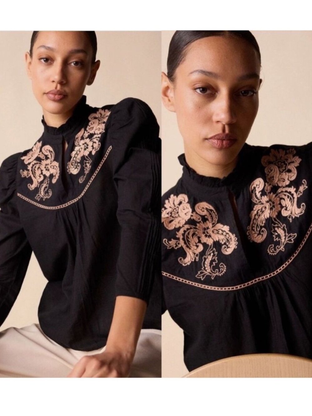 St. Roche Poppy Top Black Embroidered Floral Victorian Boho Blouse Size 6